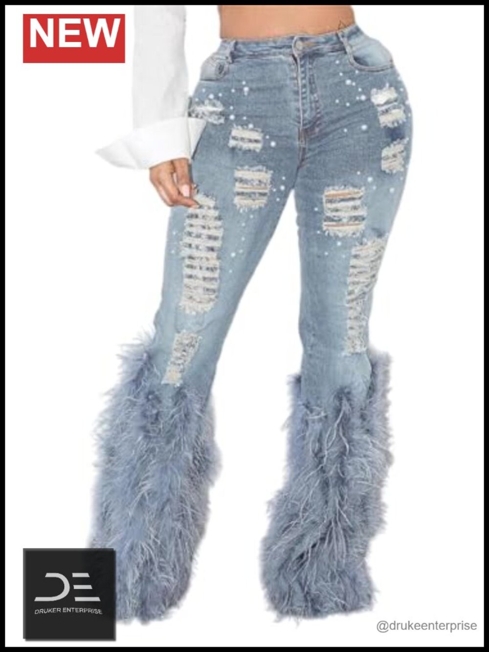High Waisted Skinny Jeans with Pearls Fringe Distressed Y2K Denim Pants
